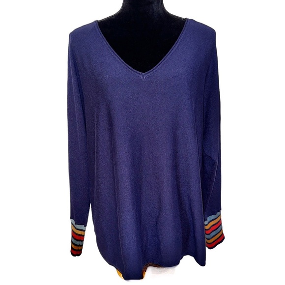 Isela Womens Sweater Size XL V Neck Striped Cuffs Dark Blue - Picture 1 of 11